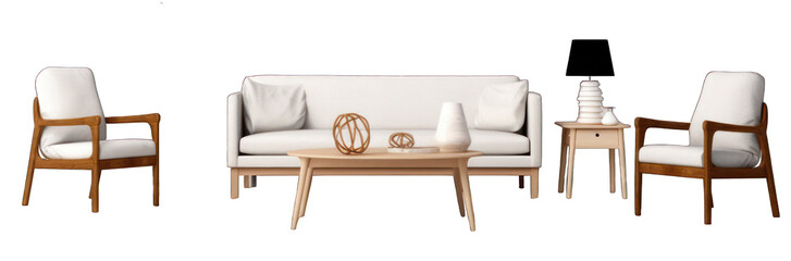 Fototapeta premium Living room with sofa, chair, lamp and rug scene concept isolated on transparent background