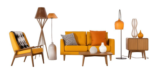 Living room with sofa, chair, lamp and rug scene concept isolated on transparent background