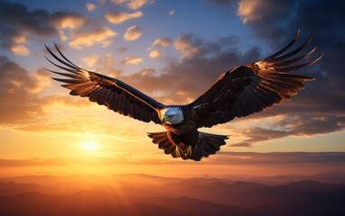 An eagle flies in an open blue sky and on the horizon the sun begins to set. Generative AI