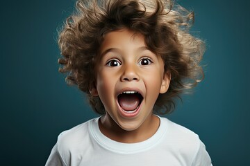 Portrait of cheerful little boy with curly hair in T-shirt smiling funny and carefree, showing front teeth, healthy happy child, positive emotions. indoor studio shot isolated on blue background - obrazy, fototapety, plakaty