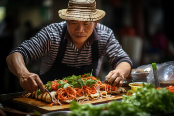 A Vietnamese street vendor preparing banh mi sandwiches, representing the popularity of street food...