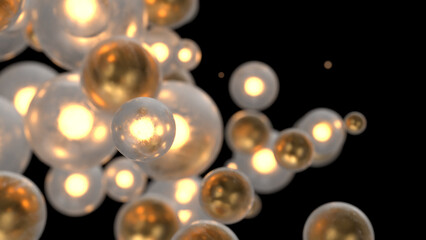 Abstract gold and light spheres isolated on black background. 3d render illustration - 653444787