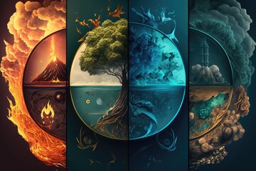 Collage of four seasons of the year. Fire, smoke, fire, water, fire