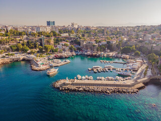 Naklejka na ściany i meble View of old Antalya from a drone or bird's eye view. This is the area of the old city and the old harbor