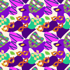 Fototapeta na wymiar A bright pattern for the Mardi Gras holiday. Carnival masks, abstract forms. Purple, green, orange, white. For fabric, textiles, wrapping paper, postcards.