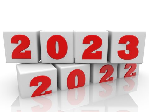 Concept of the year 2023 in white toy blocks