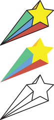 Colorful shooting star graphic illustration. Outlined, full color and stencil.