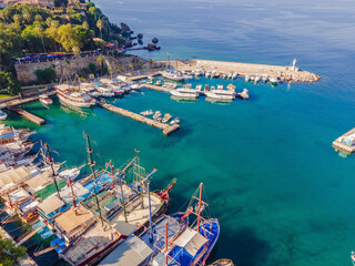 View of old Antalya from a drone or bird's eye view. This is the area of the old city and the old harbor