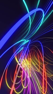 Vertical video - abstract swirling glowing neon digital light beams background. This dynamic colorful motion background animation is full HD and a seamless loop.