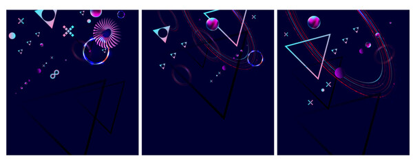 Set Dark retro futuristic cyberpunk elements abstraction background cosmos synthwave vaporwave retrowave glitch circle with blue and pink glows