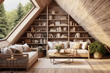 Fototapeta na wymiar living room in an attic with wood shelves