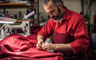 Italian artisan meticulously creating a custom-made pair of pants. Generative AI
