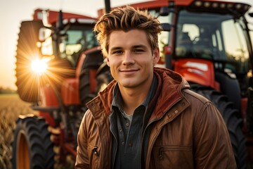Portrait of an experienced attractive young farmer posing in a field in front of a tractor or combine harvester during a late autumn sunset with sunflares in the background. Generative Ai.
