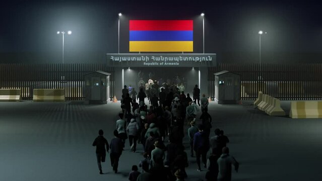 People walk through the border checkpoint gate to the Republic of Armenia - 3D render illustration