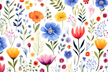 Seamless pattern with watercolor flowers. Hand-drawn illustration.