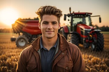 Portrait of an experienced attractive young farmer posing in a field in front of a tractor or combine harvester during a late autumn sunset with sunflares in the background. Generative Ai.
