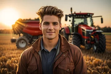 Foto op Aluminium Portrait of an experienced attractive young farmer posing in a field in front of a tractor or combine harvester during a late autumn sunset with sunflares in the background. Generative Ai. © kapros76