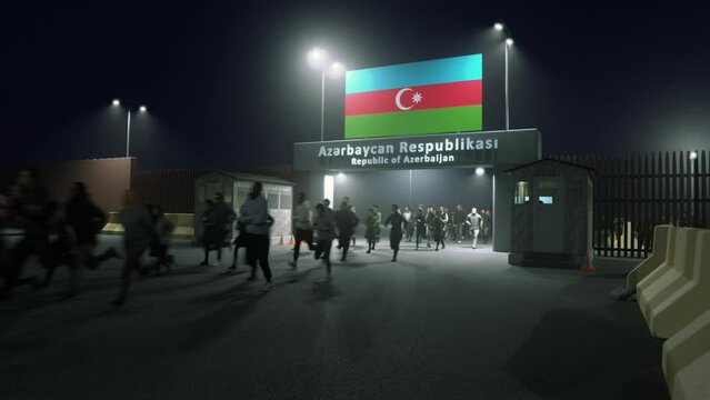 People run away from the Republic of Azerbaijan. Through the border checkpoint gate at night - 3D rendered illustration
