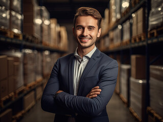 Fototapeta premium Smiling modern young businessman in warehouse