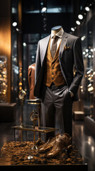 A suit in a luxury fashion clothing display counter