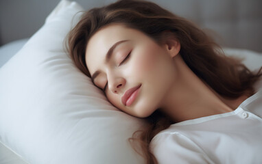 Fototapeta na wymiar A woman is sleeping on white pillow
