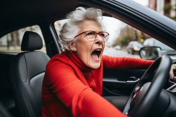 Close up, elderly woman gets angry while driving her car in traffic, she shouting a lot, angry and quarrelsome - obrazy, fototapety, plakaty