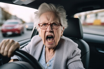 Close up, elderly woman gets angry while driving her car in traffic, she shouting a lot, angry and quarrelsome - obrazy, fototapety, plakaty