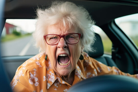 Close up, elderly woman gets angry while driving her car in traffic, she shouting a lot, angry and quarrelsome