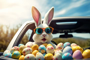 Poster Cute Easter Bunny with sunglasses looking out of a car © AI_images