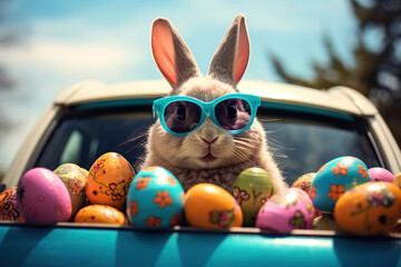 Cute Easter Bunny with sunglasses looking out of a car