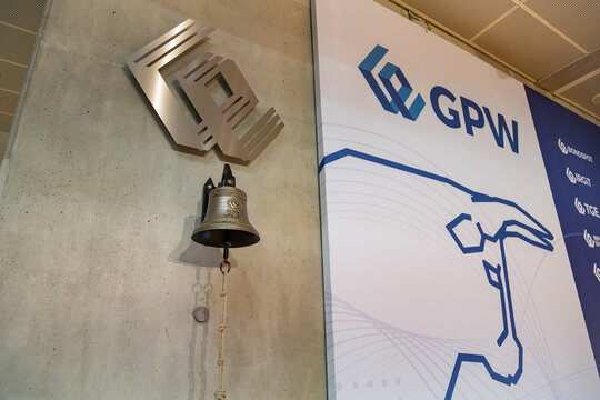 Warsaw, Poland - September 26, 2023: View of the quotation room and bell on the Warsaw Stock Exchange (WSE, GPW)