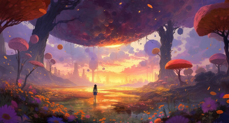 Obraz na płótnie Canvas sunset in the forest, abstract cartoon landscape
