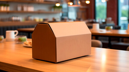 Brown cardboard box for food delivery with a rectangular shape and a triangular lid on a restaurant table. Blurred background with tables, chairs and barware. Food delivery concept. - obrazy, fototapety, plakaty