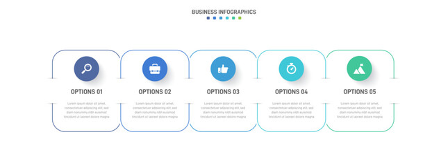 Timeline infographic with infochart. Modern presentation template with 5 spets for business process. Website template on white background for concept modern design. Horizontal layout.