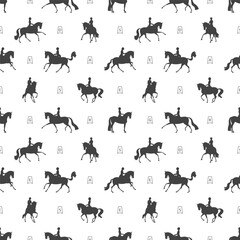Seamless vector pattern, equestrian dressage, athletes and horses in the arena