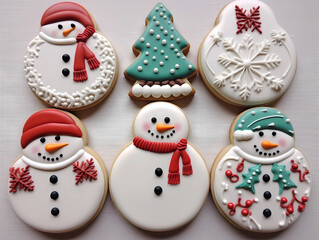 Christmas snowman cookies isolated flat lay party cookies. Christmas homemade confectionary dessert