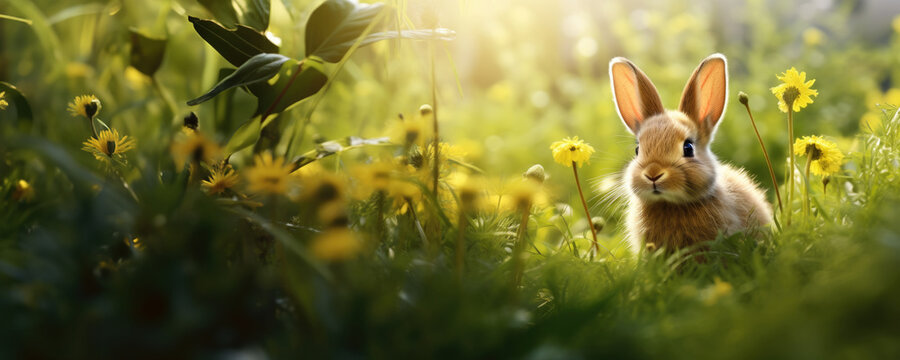 Small rabbit in the grass on a sunny morning, concept of spring and Easter