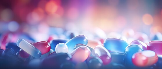 Blurred out close up of medication pills background with lots of bokeh and a bright center spotlight and a subtle vignette border.