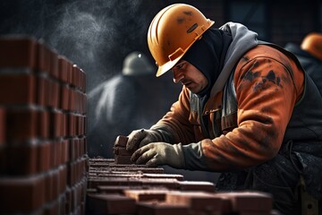 male bricklayer installing bricks on construction site - obrazy, fototapety, plakaty