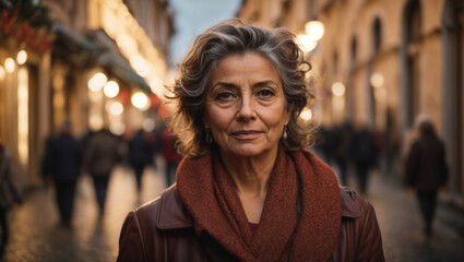 Bellissima donna italiana di 55 anni vestita con un cappotto elegante cammina nella strade di Roma la sera vicino ai negozi con tanta gente e luci