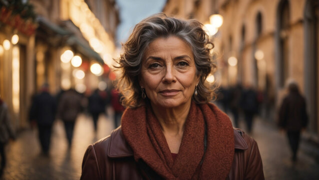 Fototapeta Bellissima donna italiana di 55 anni vestita con un cappotto elegante cammina nella strade di Roma la sera vicino ai negozi con tanta gente e luci