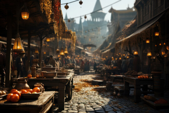 A bustling ancient marketplace with merchants from diverse cultures trading goods and ideas. Generative Ai. © Sebastian