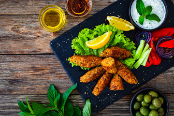 Kibbeh - Arabic style seared meatballs mixed with bulgur groats and mint yogurt on wooden table 