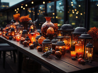 Halloween Rooftop Party - Elegantly Arranged Table with Spooky Props and Festive Decor, AI-Generated