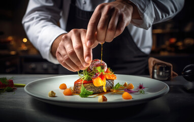 Obraz na płótnie Canvas A chef garnishing a dish with precision. Generative AI