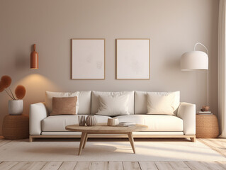 living room interior with a white sofa and beige lamps