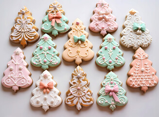 Obraz na płótnie Canvas Christmas tree cookies flat lay party cookies. Christmas concept homemade confectionary dessert 