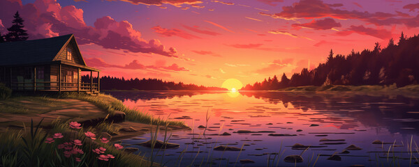 Anime-style illustration of a peaceful and cozy lakeside cabin at sunset - obrazy, fototapety, plakaty