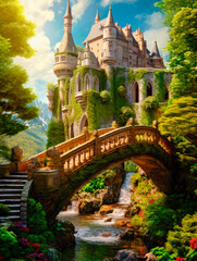 Fantasy castle with a bridge with a river and waterfalls.  Illustration created with generative ai technology.