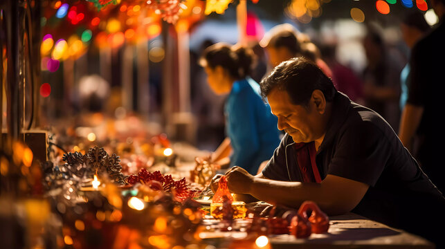 Mercado mexicano vendedor de artesanias para fiestas navide&ntilde;as 